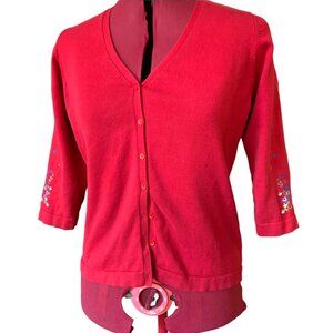 JACOB - RED Cardigan buttons down crew neck - Colored flowers embroidery large